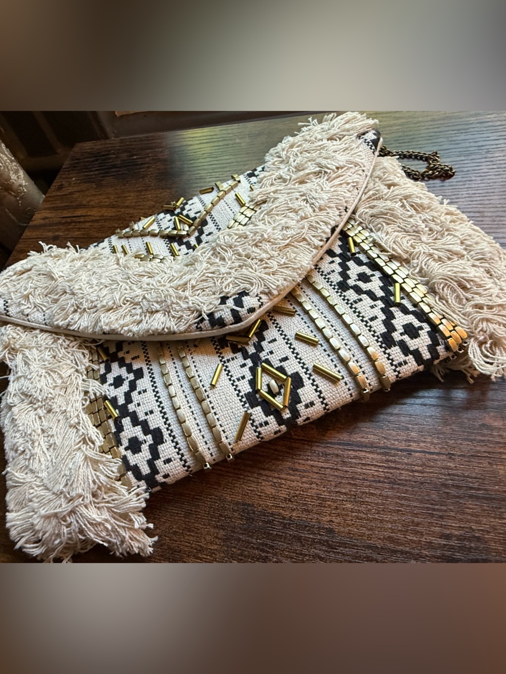 Lulu's Cream & Black Beaded Fringe Fold-Over Crossbody